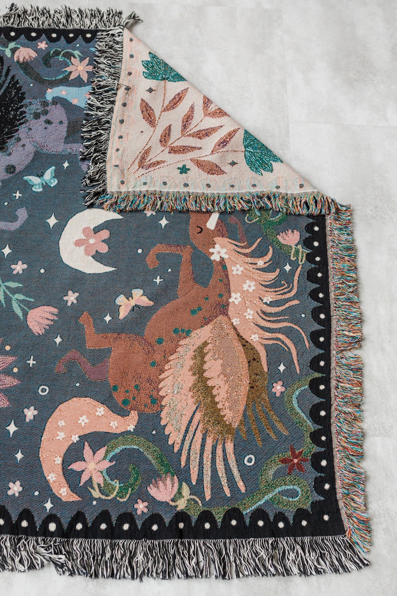 Unicorn Night Throw Blanket: Woven Cotton Throw, Boho Kids Bedding, Purple Blue, Lunar Celestial Moon, Pegasus Horse, Colorful Maximalist image 3