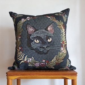 Cat Pillow: Black and Navy Blue Woven Throw Pillow, Halloween Floral Cushion, Funny Cute Gift for Animal Lovers, Maximalist