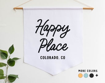 Happy Place City Pennant: Door Hanger, Custom Housewarming Gift, Nursery Tapestry, Custom Kids Room Decor, Vintage Banner Flag Sign Wall Art
