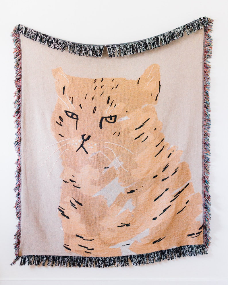 Cat Throw Blanket: Cute & Funny Woven Cotton Throw for Pet Lovers, Peach Home Decor, Boho Maximalist, Unique Eclectic Quirky image 1