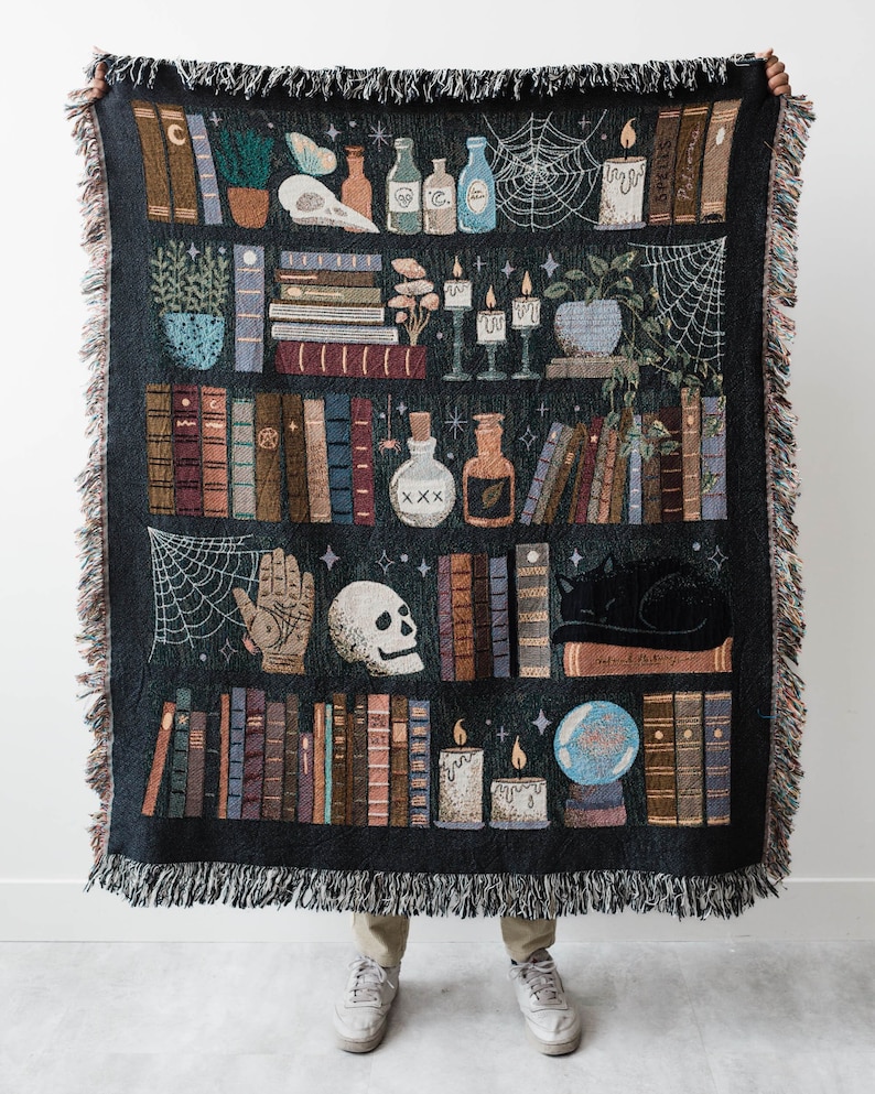 Witches Bookshelf Throw Blanket: Spooky Woven Cotton Throw for Halloween, Skulls Black Cat Potions, Cute Magic Goth, Dark Cottagecore Unique image 1