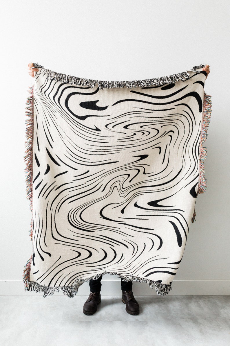Marble Throw Blanket: Black & Off White Woven 100% Cotton Throw, Zebra Print, Unique Textile, Gift for her, Bold Unique Pattern image 6