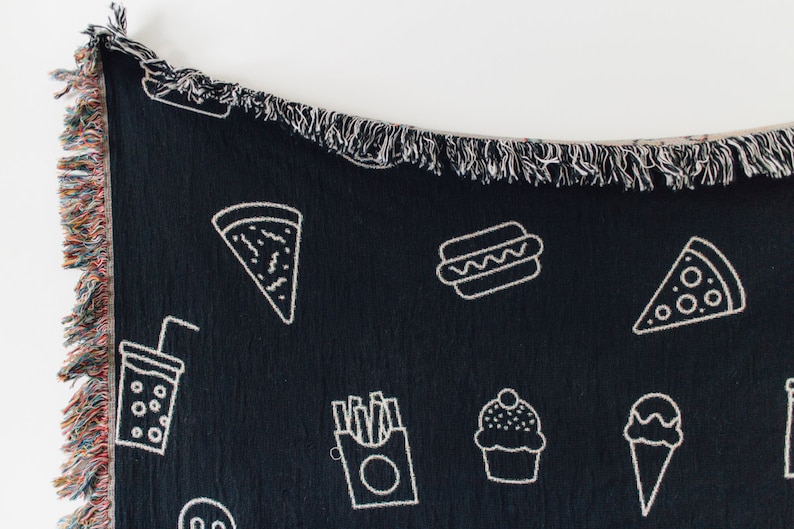 Snacks Woven Blanket: Funny Junk Food Decor, Pizza Hamburger Ice Cream Donut Fries Cupcake, Unique Whimsical Maximalist, Gift for Food Lover image 1