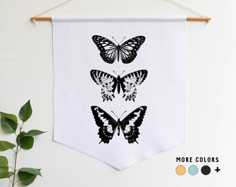 Butterfly Pennant Banner: Boho Vintage Kids Room Decor, Maximalist Nature Gallery Wall, Nursery Tapestry, Flag Sign Wall Art, Door Hanger