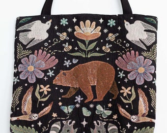 Tapestry Bag: Woodland Animal Tote, Cute Kawaii Dark, Woven Cottagecore, Racoon Bear, Unique Market Shopping, Gift for Teacher Bridesmaid