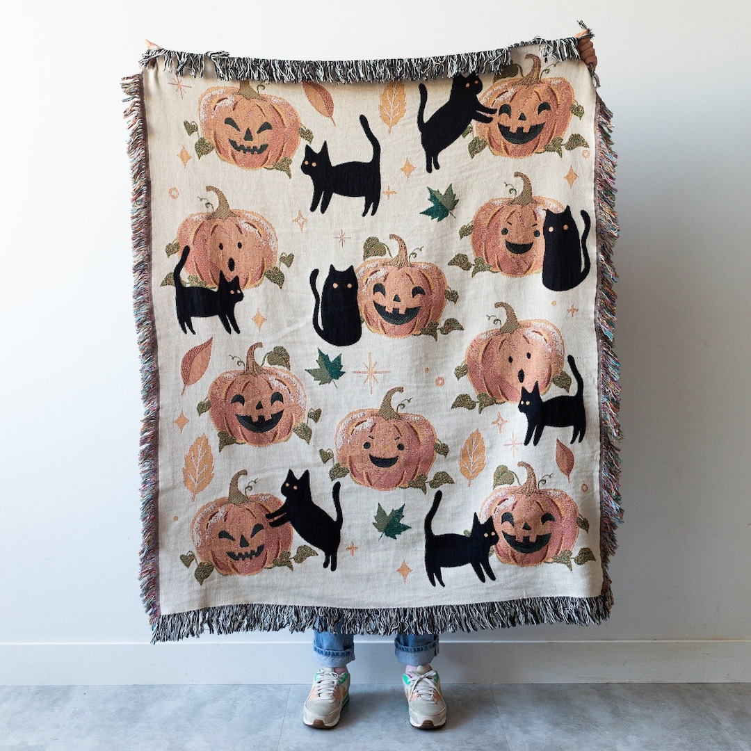 Pumpkin Black Cats Blanket Halloween Woven Throw Cute Autumn Fall Home Decor Witchy Style Jackolantern Gift for Cat Lover Spooky Etsy UK