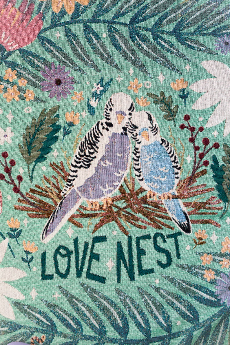 Love Nest Throw Blanket: Woven Cotton Throw, Cute Animals, Colorful Maximalist Decor, Valentines Gift, Budgies Budgerigar birds, Flowers image 2