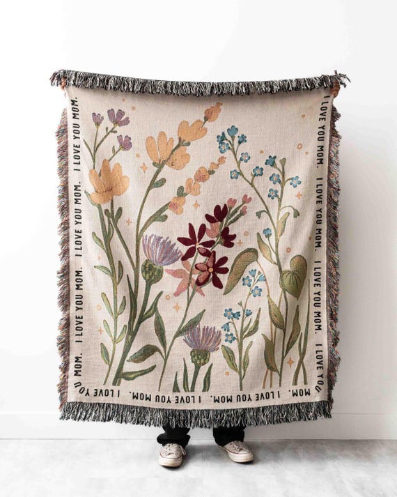 Gift for Mom or Grandma Blanket: Mothers Day Present from Kids, Floral Woven Throw, Unique Thoughtful Birthday, Personalized Custom, Dad