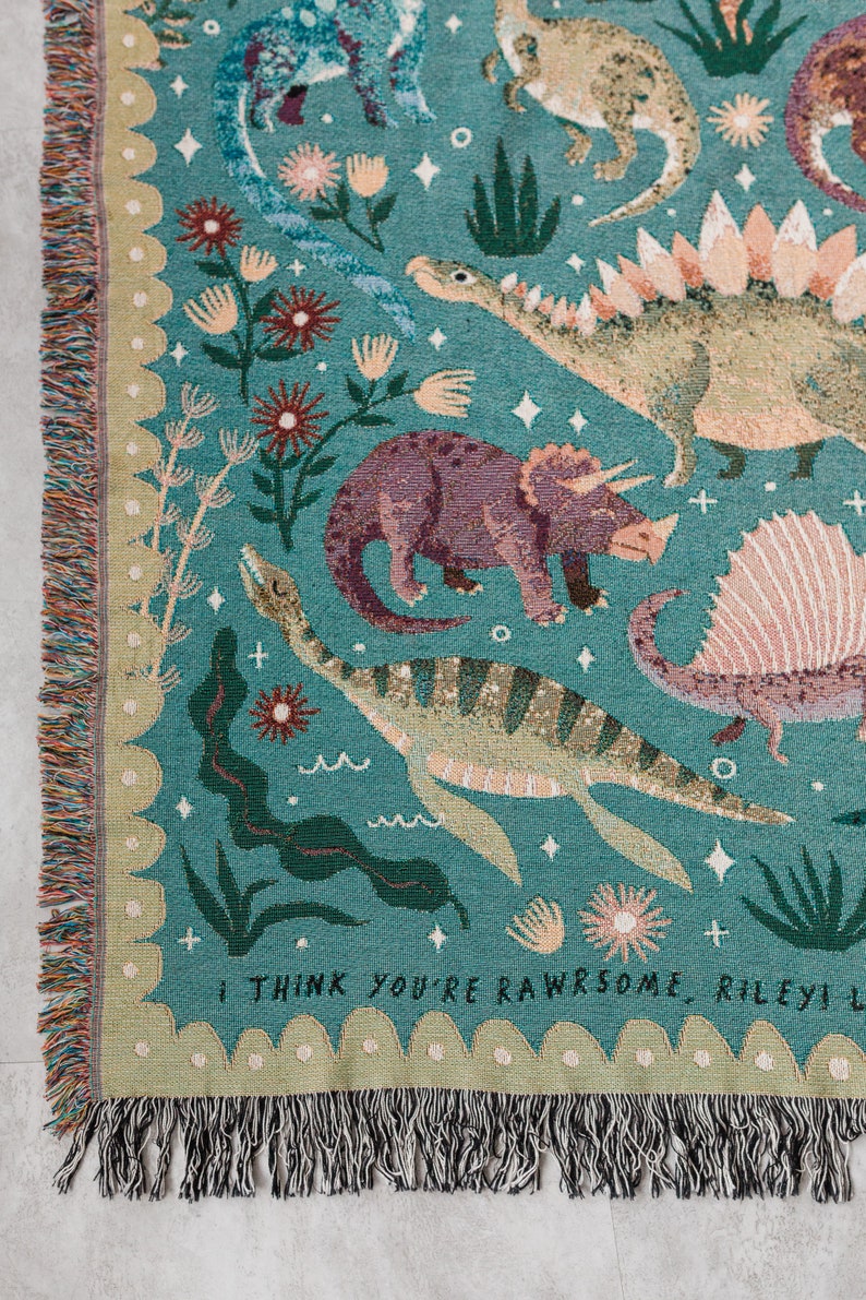 Dinosaur Personalized Throw Blanket: Woven Cotton Throw, Cute Stegosaurus Brontosaurus Triceratops, Colorful Kids Teen Bedroom, Christmas image 7