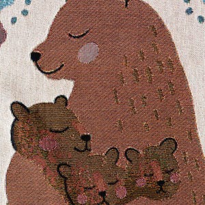 May include: A brown bear with closed eyes is hugging two smaller brown bears with closed eyes. The bears are all smiling and have pink cheeks. The background is a light beige with a blue and white pattern.