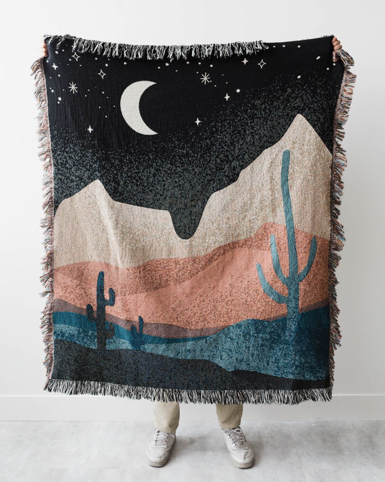 Desert Night Cactus Throw Blanket: Earth Tones Woven Cotton Throw, Southwest Nature Moon, Boho Western Decor, Gender Neutral Kids Nursery image 1