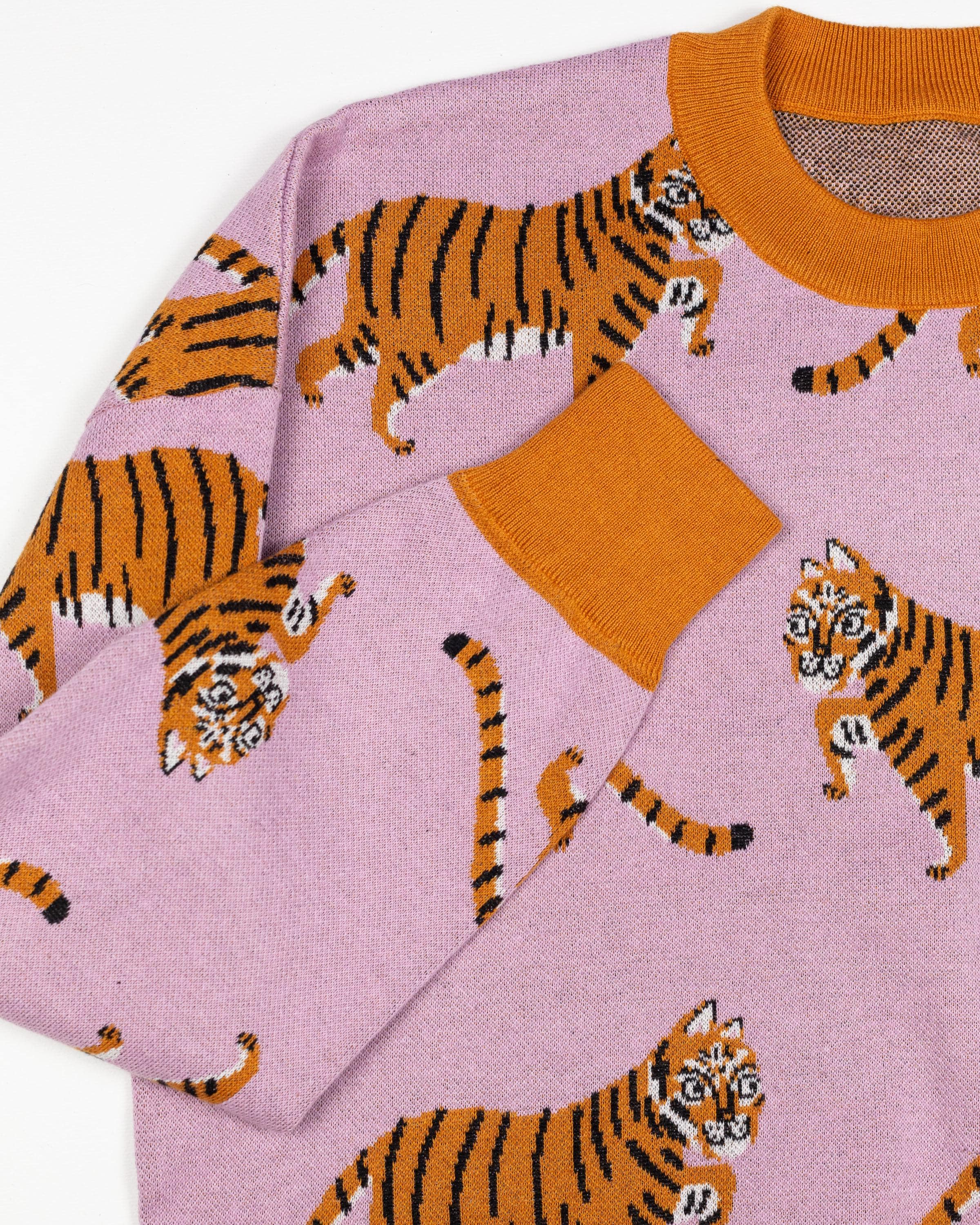 Tiger Sweater: Colorful Maximalist Knit Crewneck, Kawaii Tiger Sweater: Colorful Maximalist Knit Crewneck, Kawaii
