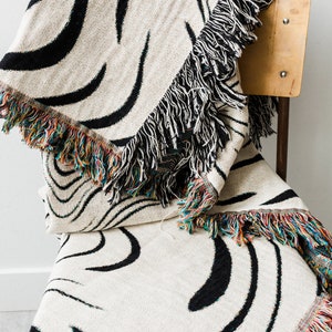 Marble Throw Blanket: Black & Off White Woven 100% Cotton Throw, Zebra Print, Unique Textile, Gift for her, Bold Unique Pattern image 4