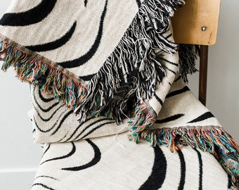 Marble Throw Blanket: Black & off White Woven 100% Cotton Throw