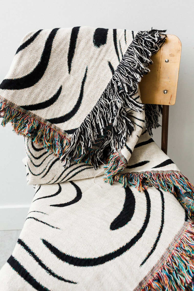 Marble Throw Blanket: Black & Off White Woven 100% Cotton Throw, Zebra Print, Unique Textile, Gift for her, Bold Unique Pattern image 4