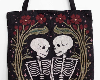 Tapestry Bag: Skeleton Couple Tote, Woven Spooky Skull, Unique Witch Gift, Halloween Gothic Boho, Cute Romantic Boho, Dark Academia Present