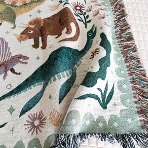 Dinosaur Woven Blanket: Unique Whimsical Maximalist, Kids Teen Bedroom, Cotton Bedding Throw, Cute Stegosaurus Brontosaurus Triceratops, image 7