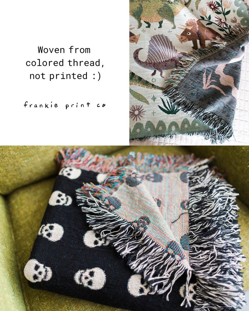 May include: Woven throw blankets with fringe. One blanket features a black background with white skulls. Another has a dinosaur pattern in green, brown, and beige. The text "Woven from colored thread, not printed :)" is visible.