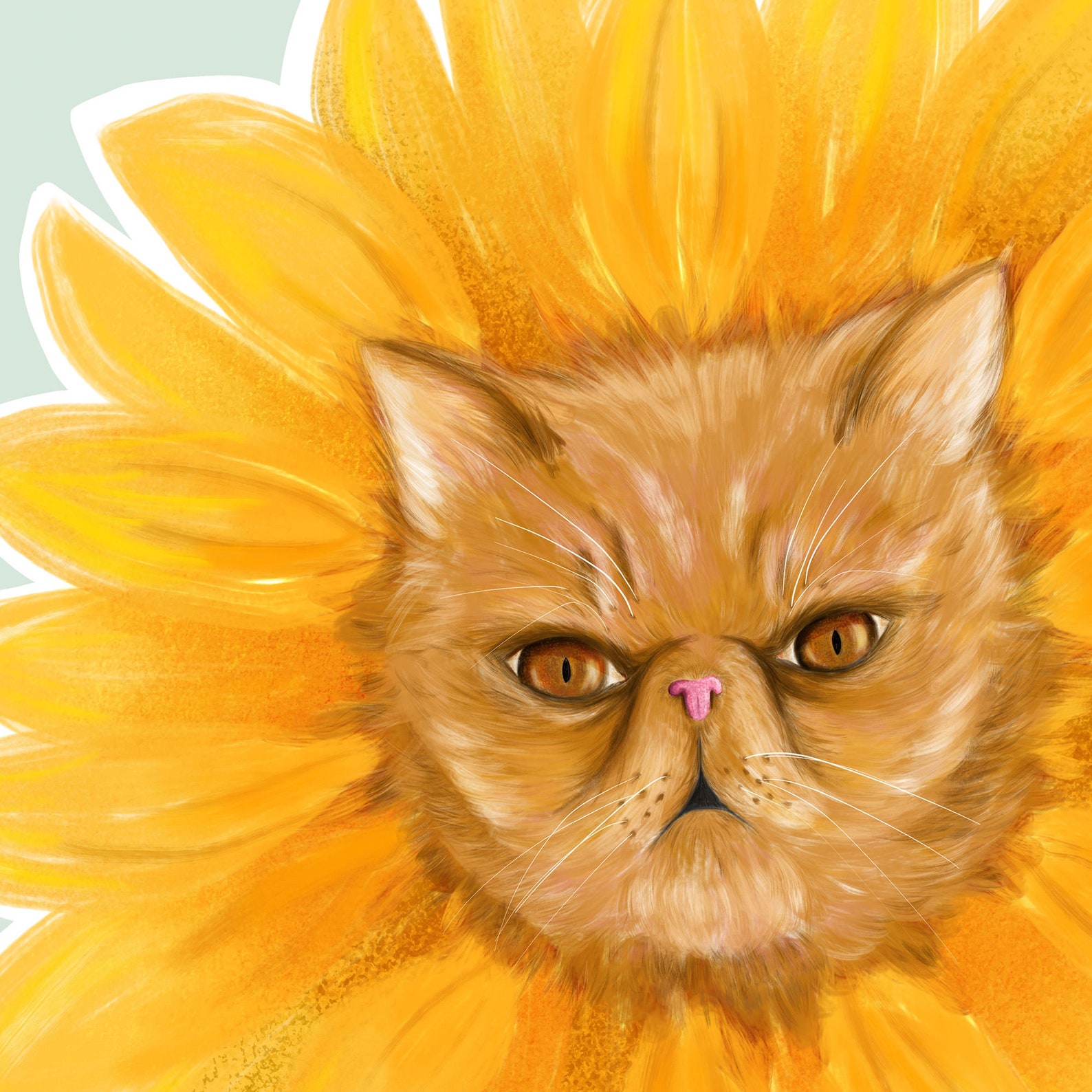 Cat Printable Art Cute Funny Sunflower Cat Yellow Mint Etsy