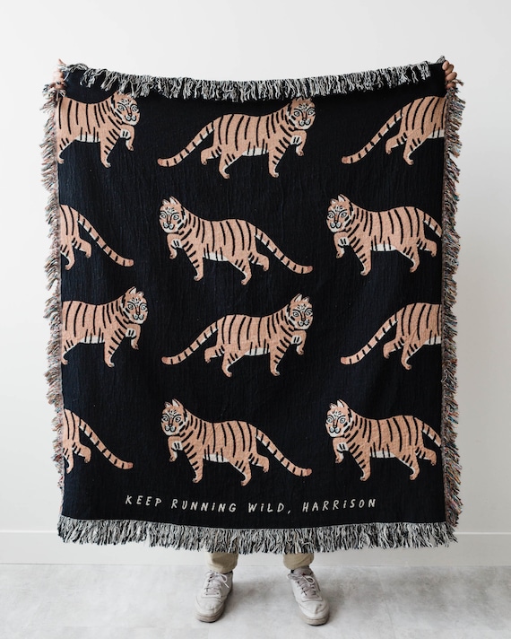 Tiger Personalized Blanket Black Jungle Decor Maximalist Bedroom Woven Cotton Throw for Nursery Cute Funny Gift for Animal Lovers Etsy Canada