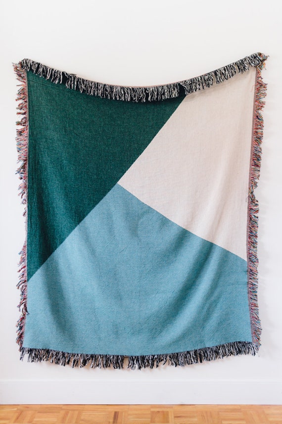 Color Block Woven Throw Blanket Green Blue Throw Blanket Cotton Throw Blanket Color Block Blanket Throw Blanket Green Etsy