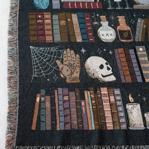 Witches Bookshelf Throw Blanket: Spooky Woven Cotton Throw for Halloween, Skulls Black Cat Potions, Cute Magic Goth, Dark Cottagecore Unique image 5