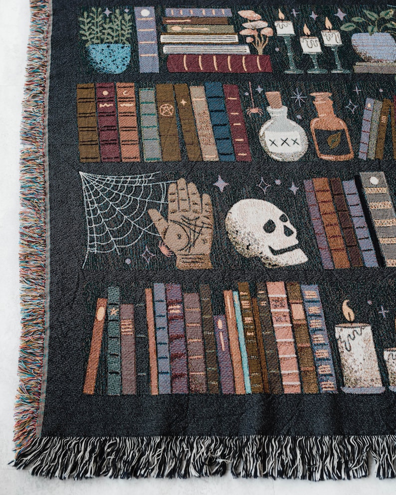Witches Bookshelf Throw Blanket: Spooky Woven Cotton Throw for Halloween, Skulls Black Cat Potions, Cute Magic Goth, Dark Cottagecore Unique image 5