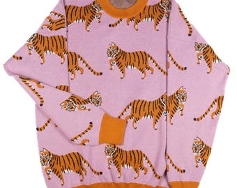 Tiger Sweater: Colorful Maximalist Knit Crewneck, Kawaii Tiger Sweater: Colorful Maximalist Knit Crewneck, Kawaii