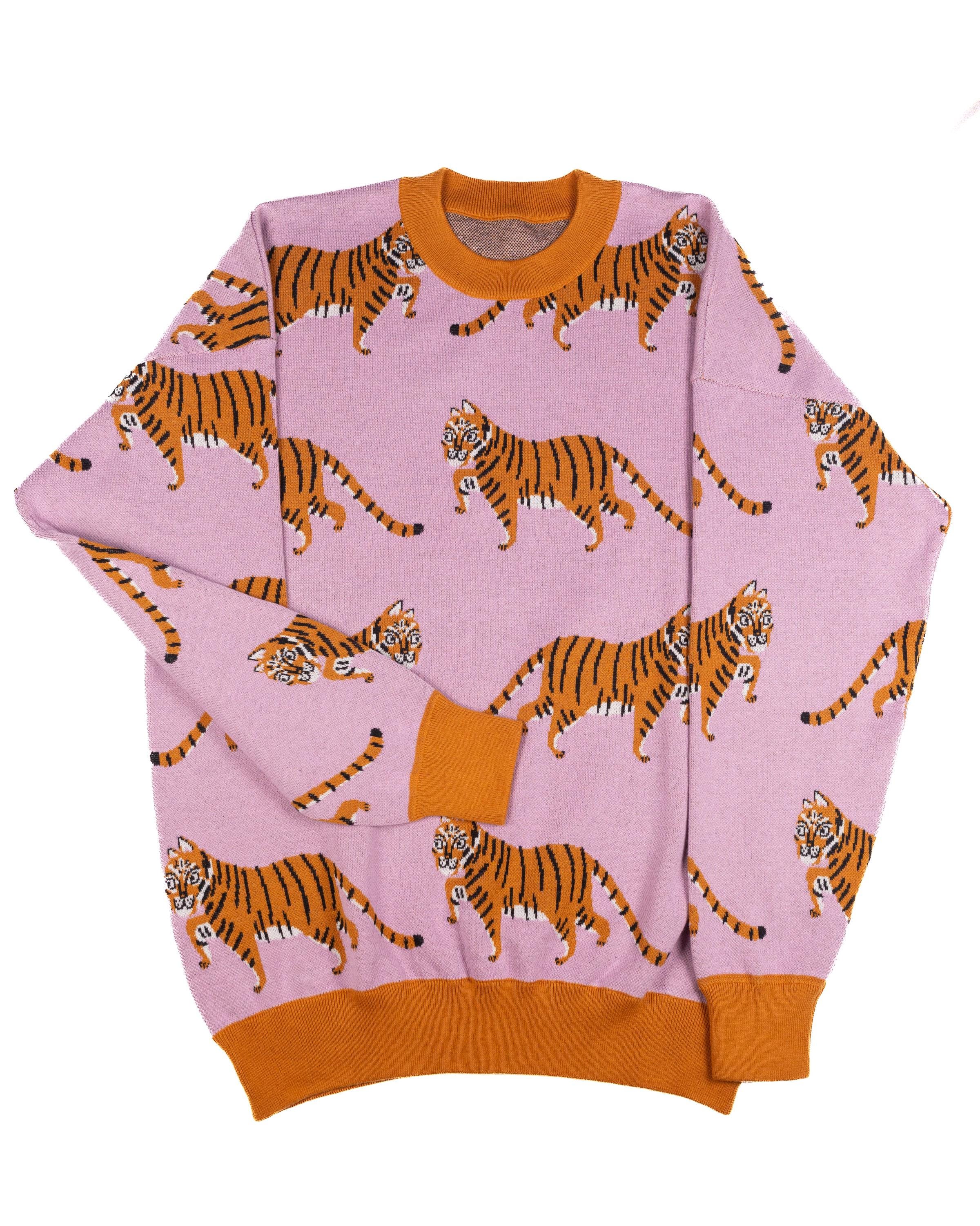 Tiger Sweater: Colorful Maximalist Knit Crewneck, Kawaii Tiger Sweater: Colorful Maximalist Knit Crewneck, Kawaii