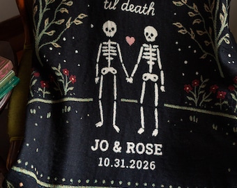 Til Death Skeleton Couple Blanket: Personalized Gothic Wedding Gift, Spooky Halloween Anniversary Throw, Woven Cotton Blanket
