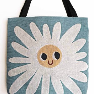 Flower Tapestry Bag: Cute Kawaii Woven Tote, Happy Daisy, Blue Yellow, Unique Colorful Whimsical Gift, Vintage Style, Unique Market Shopping image 2