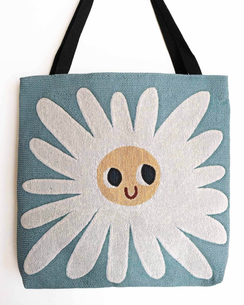 Flower Tapestry Bag: Cute Kawaii Woven Tote, Happy Daisy, Blue Yellow, Unique Colorful Whimsical Gift, Vintage Style, Unique Market Shopping image 2