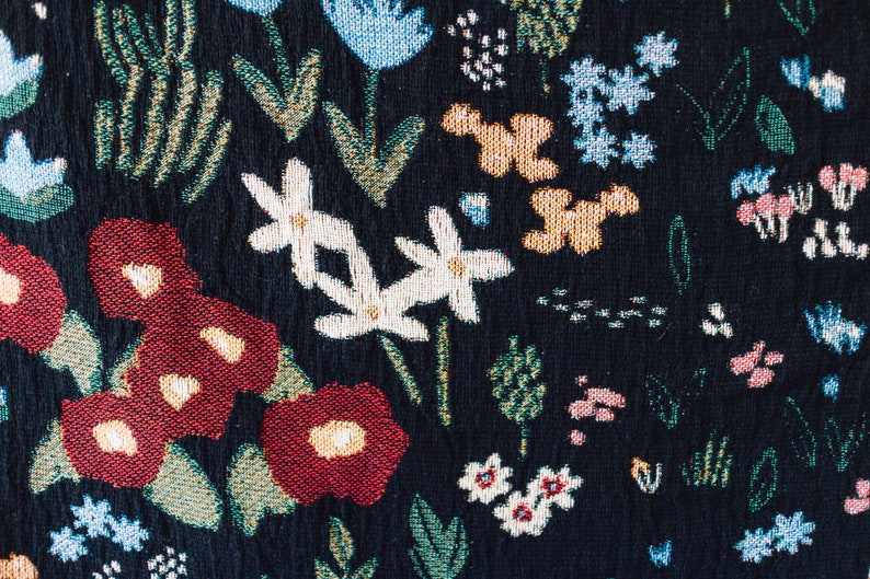Black Floral Throw Blanket Flower Woven Cotton Throw Dark Etsy