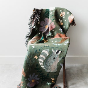 Woodland Animal Throw Blanket: Personalized Cute Nature Home Decor, Bear Owl Raccoon, Forest Green, Cozy Nursery Kids Room, Maximalist Boho image 6