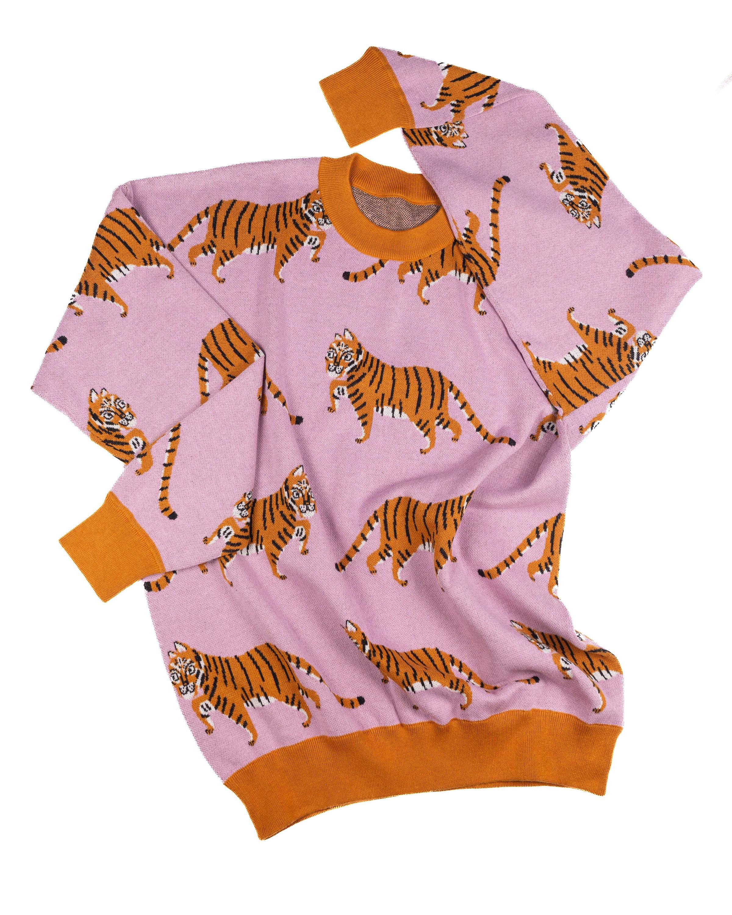 Tiger Sweater: Colorful Maximalist Knit Crewneck, Kawaii Tiger Sweater: Colorful Maximalist Knit Crewneck, Kawaii