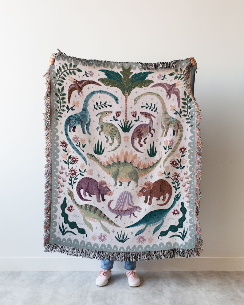 Dinosaur Woven Blanket: Unique Whimsical Maximalist, Kids Teen Bedroom, Cotton Bedding Throw, Cute Stegosaurus Brontosaurus Triceratops, image 1