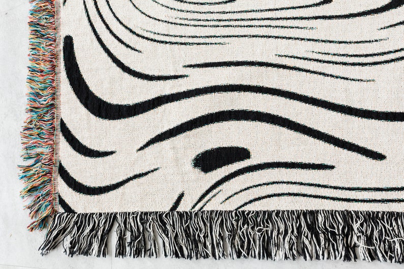 Marble Throw Blanket: Black & Off White Woven 100% Cotton Throw, Zebra Print, Unique Textile, Gift for her, Bold Unique Pattern image 3