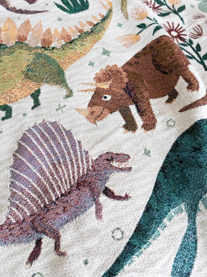 Dinosaur Woven Blanket: Unique Whimsical Maximalist, Kids Teen Bedroom, Cotton Bedding Throw, Cute Stegosaurus Brontosaurus Triceratops, image 3