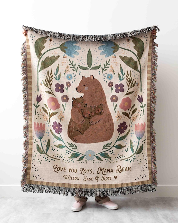 Mama Bear Blanket: Gift for Mom, Mothers Day Present from Kids, Woven Throw, Cute Unique Thoughtful Birthday, Personalized Custom