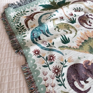 Dinosaur Woven Blanket: Unique Whimsical Maximalist, Kids Teen Bedroom, Cotton Bedding Throw, Cute Stegosaurus Brontosaurus Triceratops, image 5