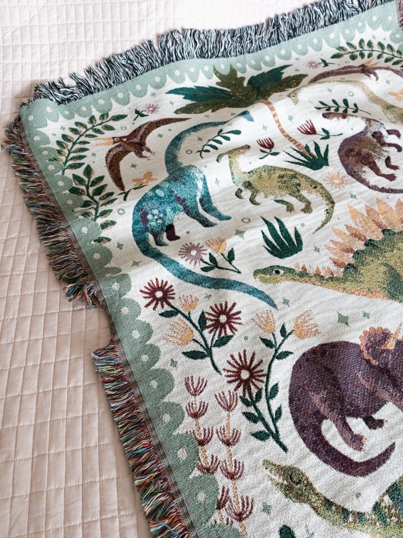 Dinosaur Woven Blanket: Unique Whimsical Maximalist, Kids Teen Bedroom, Cotton Bedding Throw, Cute Stegosaurus Brontosaurus Triceratops, image 5