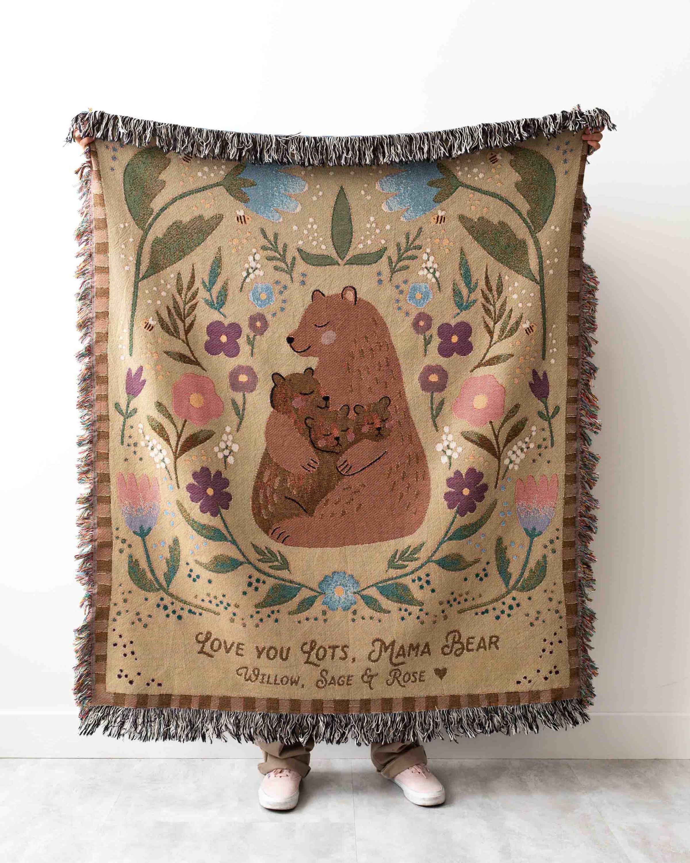 Mothers Day Gift: Mama Bear Blanket, Present for Mom from Kids, Unique Thoughtful Birthday Christmas, Personalized Custom Woven Throw