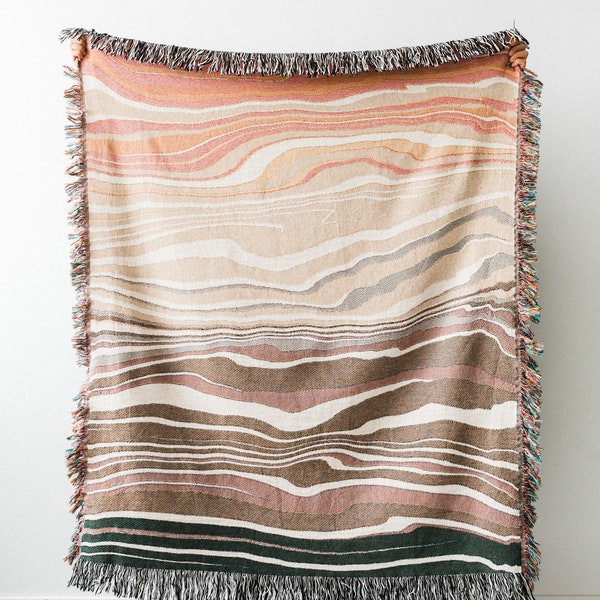 Earth Tones Marble Blanket: Woven Cotton Throw, Unique Abstract for Boho Home Decor, Rust Terracotta Burnt Orange Colorful, Gift for her