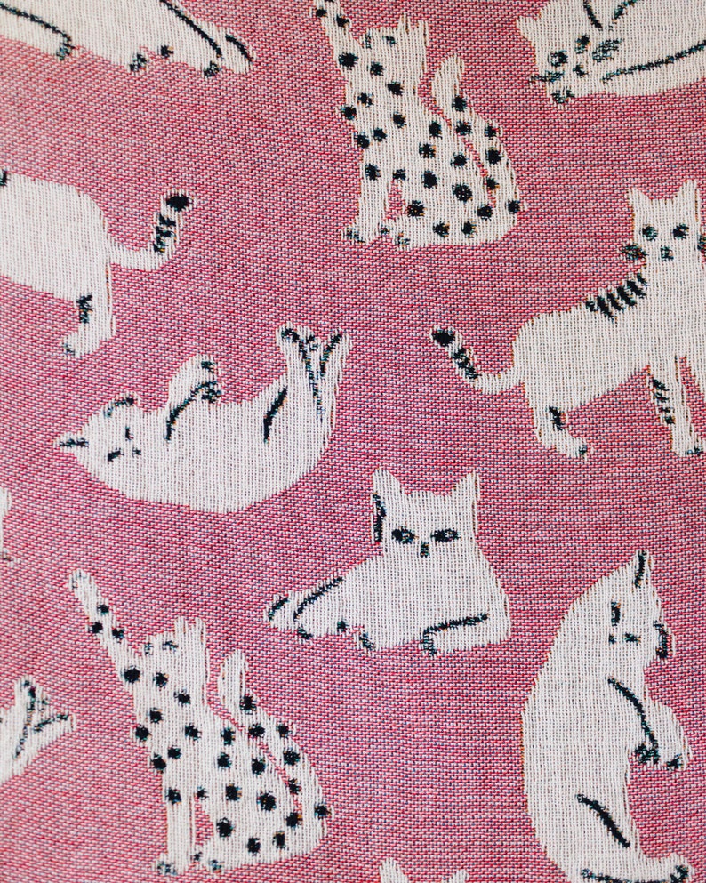 Pink Cat Blanket: Woven Cotton Throw, Cute Kawaii Gift for Animal or Pet Lovers, Unique Eclectic Colorful Maximalist Decor, Kids Bedding image 3