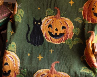 Black Cat & Pumpkin Halloween Blanket: Personalized Woven Family Name Throw