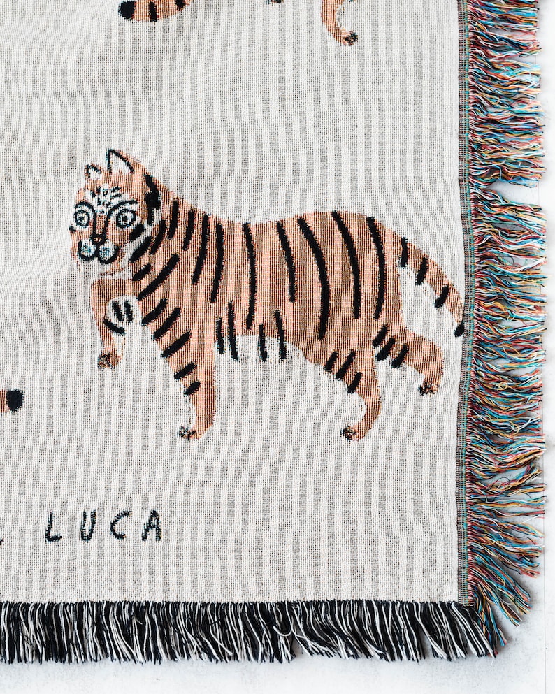 Tiger Personalized Throw Blanket: Jungle Decor, Maximalist Bedroom, Woven Cotton Throw for Nursery, Cute & Funny Gift for Animal Lovers image 2