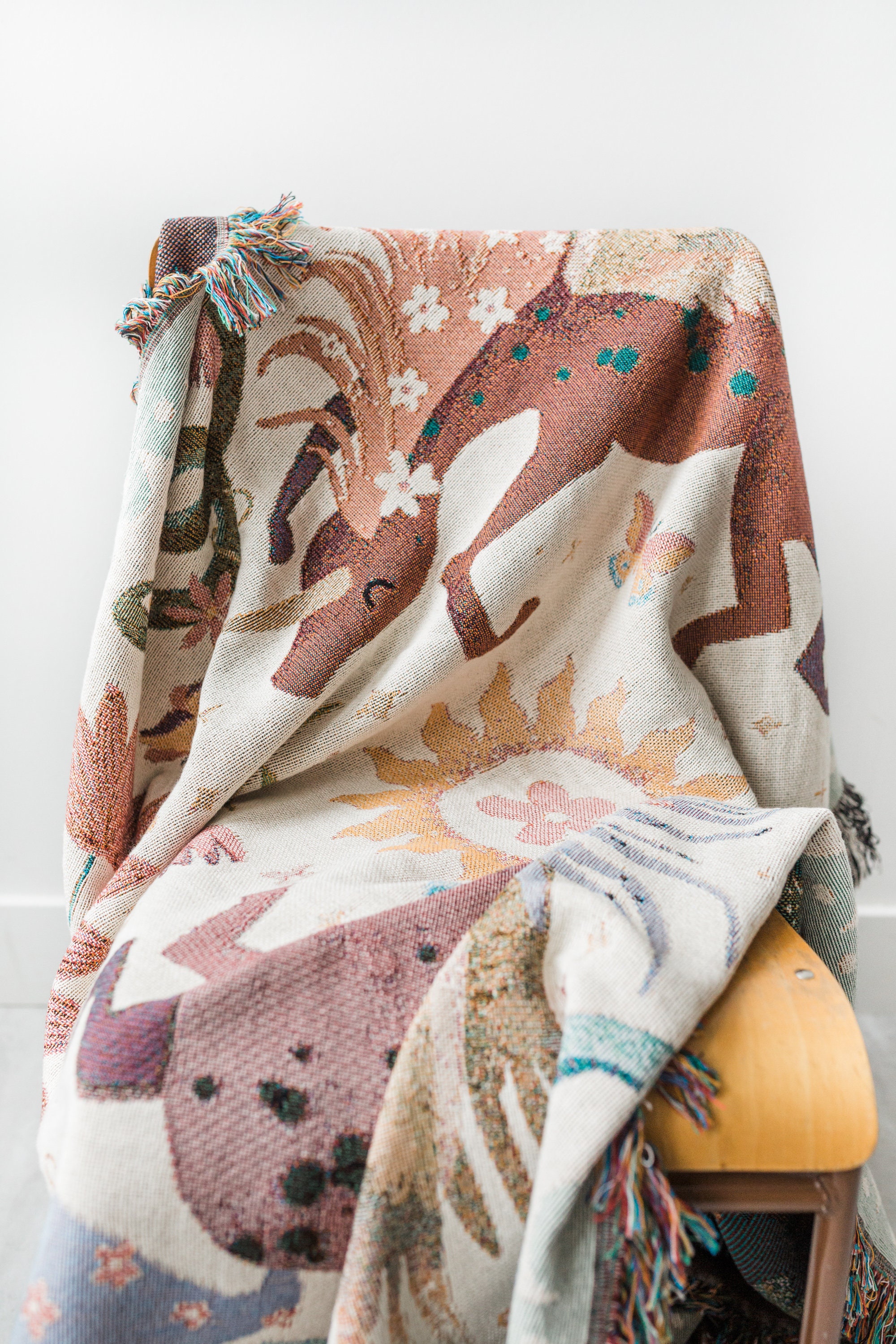 Unicorn Day Throw Blanket: Woven Cotton Throw, Purple Pink Kids Bedding, Sun Floral Blanket, Pegasus Horse Home Decor Gift, Unique Whimsical