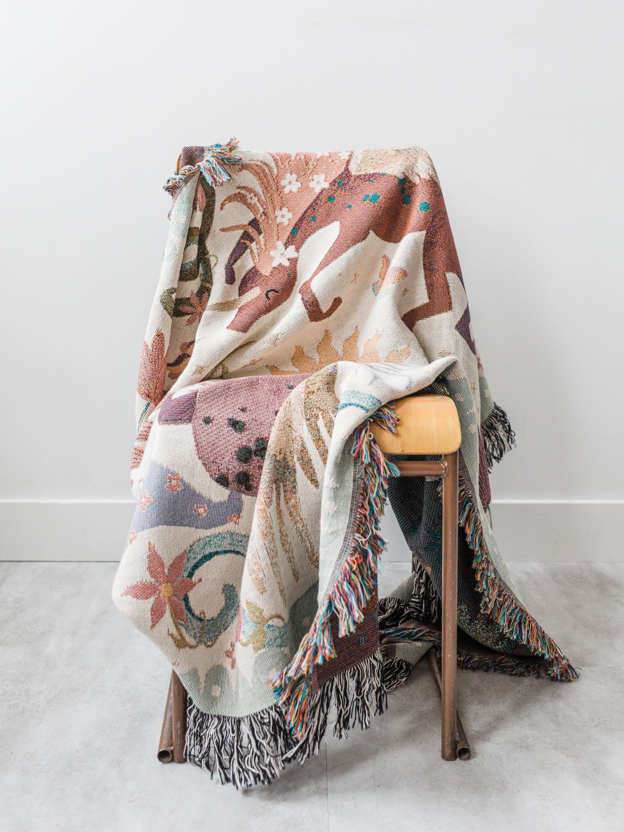 Unicorn Day Throw Blanket: Woven Cotton Throw, Purple Pink Kids Bedding, Sun Floral Blanket, Pegasus Horse Home Decor Gift, Unique Whimsical
