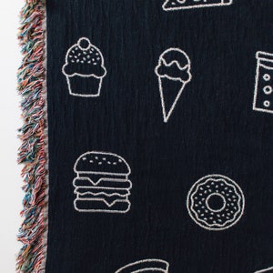 Snacks Woven Blanket: Funny Junk Food Decor, Pizza Hamburger Ice Cream Donut Fries Cupcake, Unique Whimsical Maximalist, Gift for Food Lover image 6