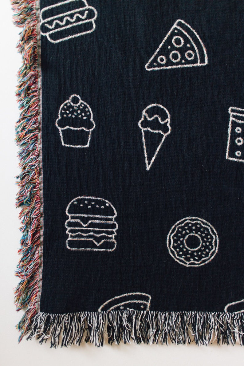 Snacks Woven Blanket: Funny Junk Food Decor, Pizza Hamburger Ice Cream Donut Fries Cupcake, Unique Whimsical Maximalist, Gift for Food Lover image 6
